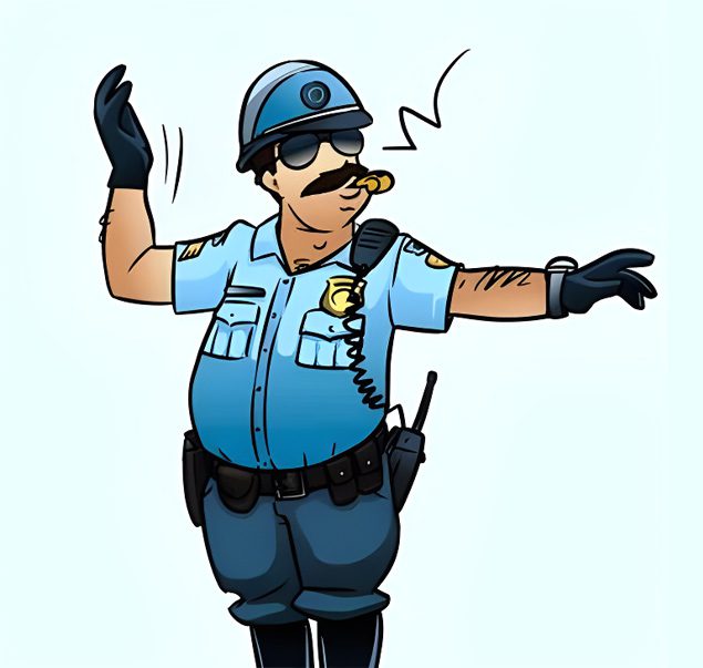 A cartoon of a police officer with his hand up to the side.