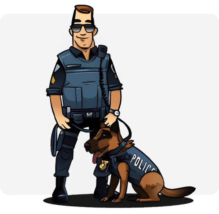 A cartoon of a police officer and his dog